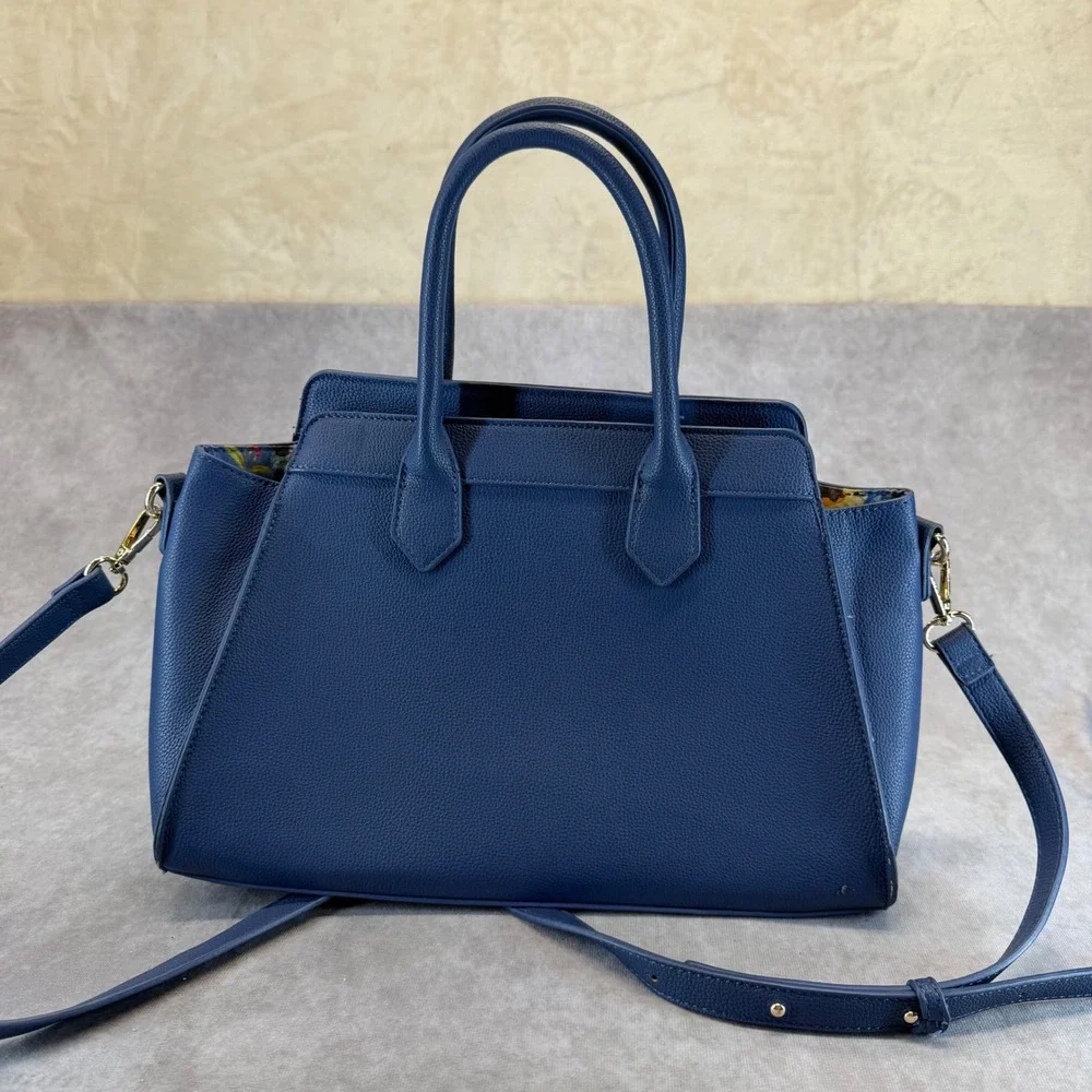 Fable England Satchel Handbag Women Medium Navy Blue Bee Charm Vegan Leather